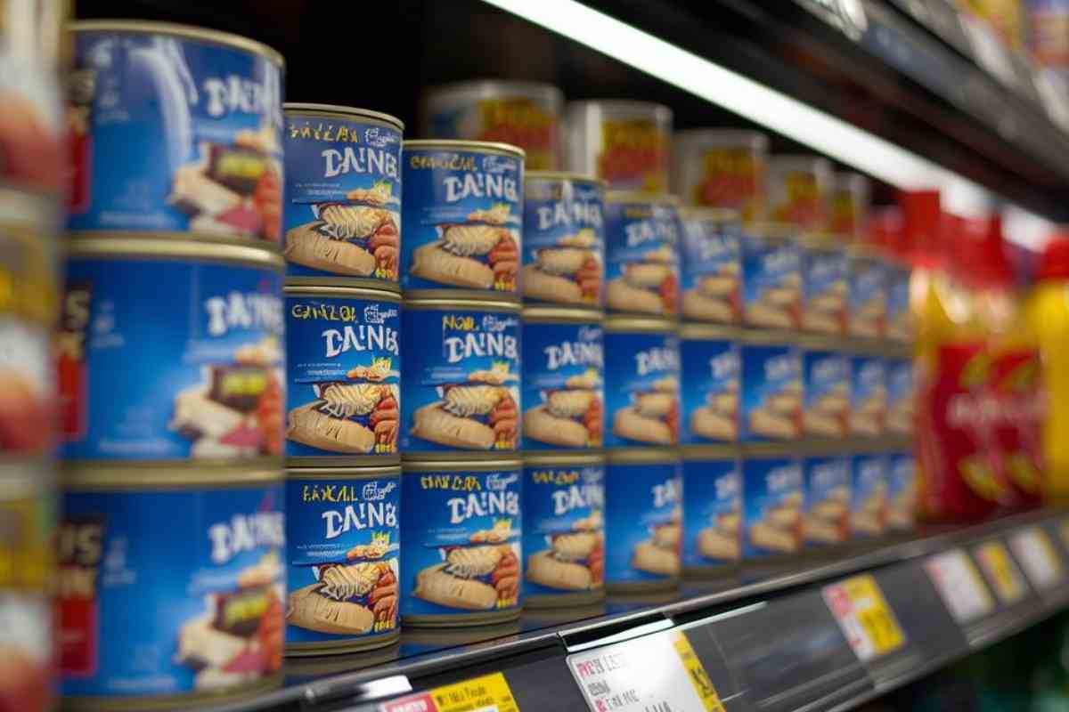scatolette di tonno tra gli scaffali del supermercato