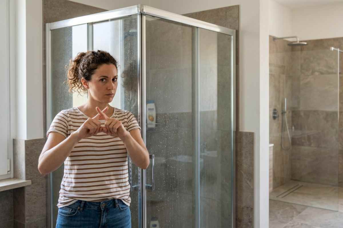 Immagine di box doccia e di persona che dice di no con le dita