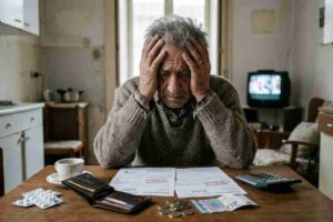 pensionato in difficoltà guarda le bollette con le mani tra i capelli