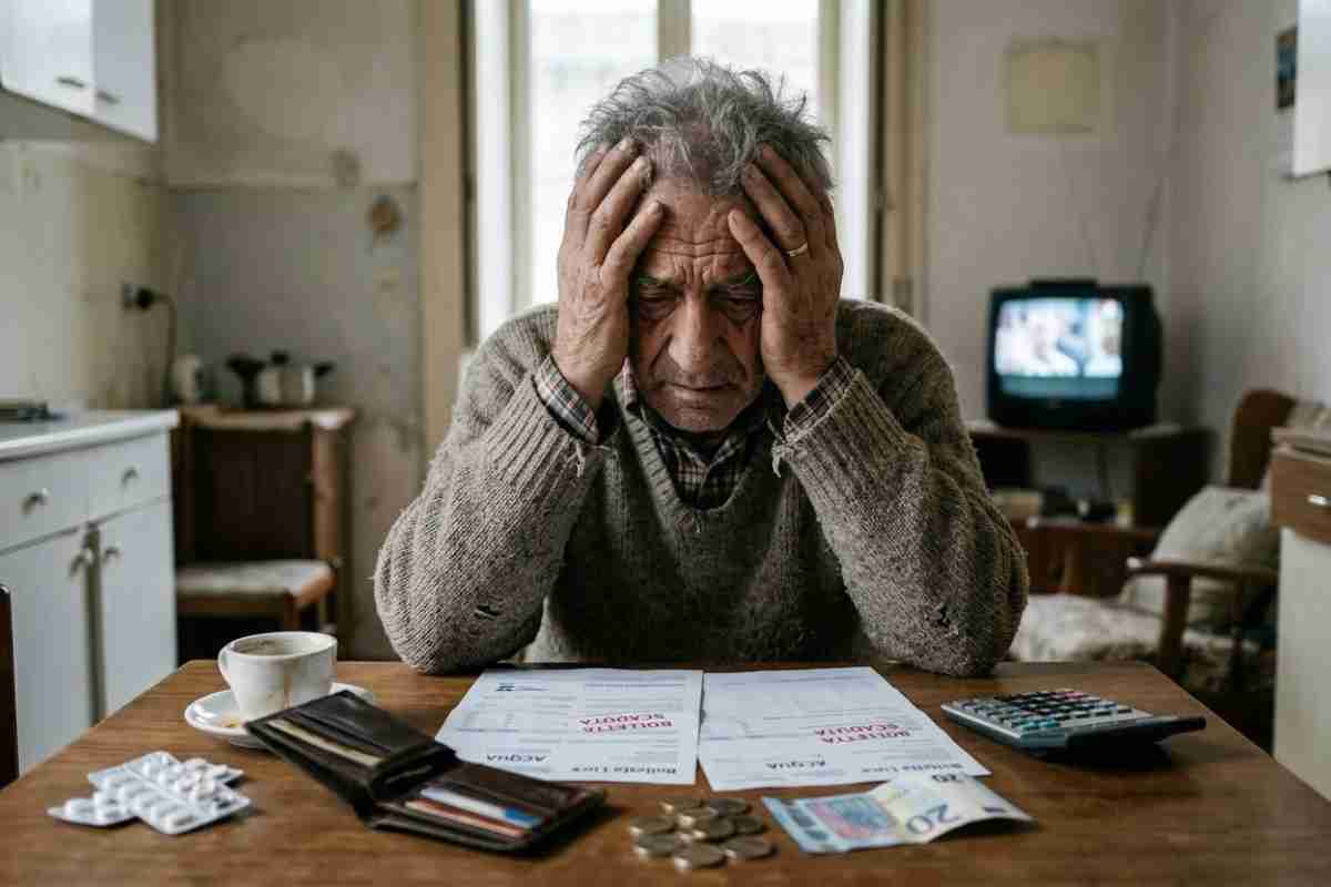 pensionato in difficoltà guarda le bollette con le mani tra i capelli