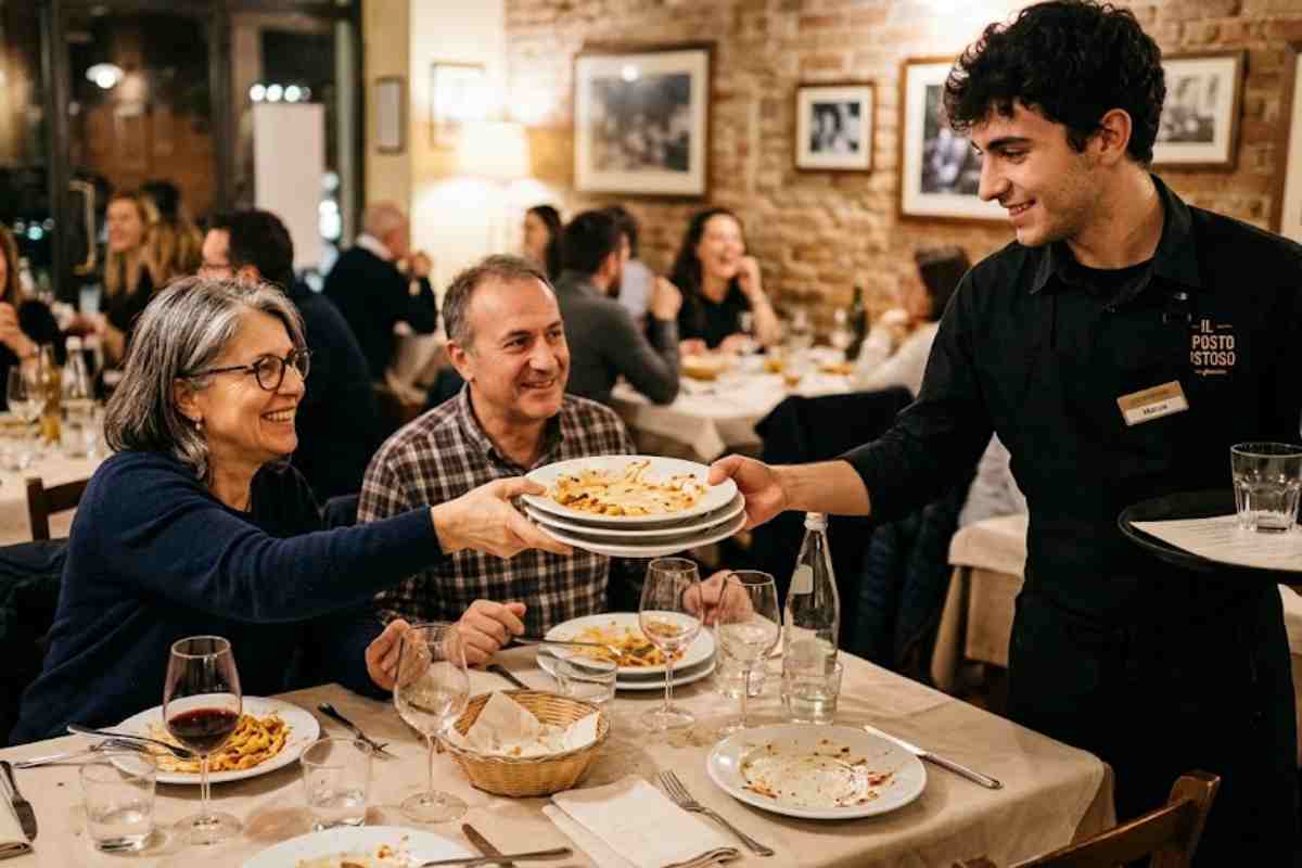 una donna passa i piatti al cameriere