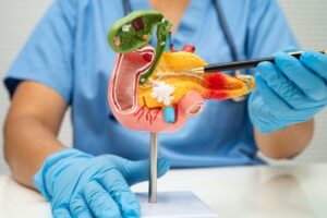 medico che indica pancreas